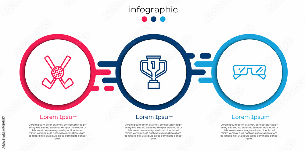 设线交叉高尔夫球杆，带球、奖杯和眼镜。商业信息图模板。矢量