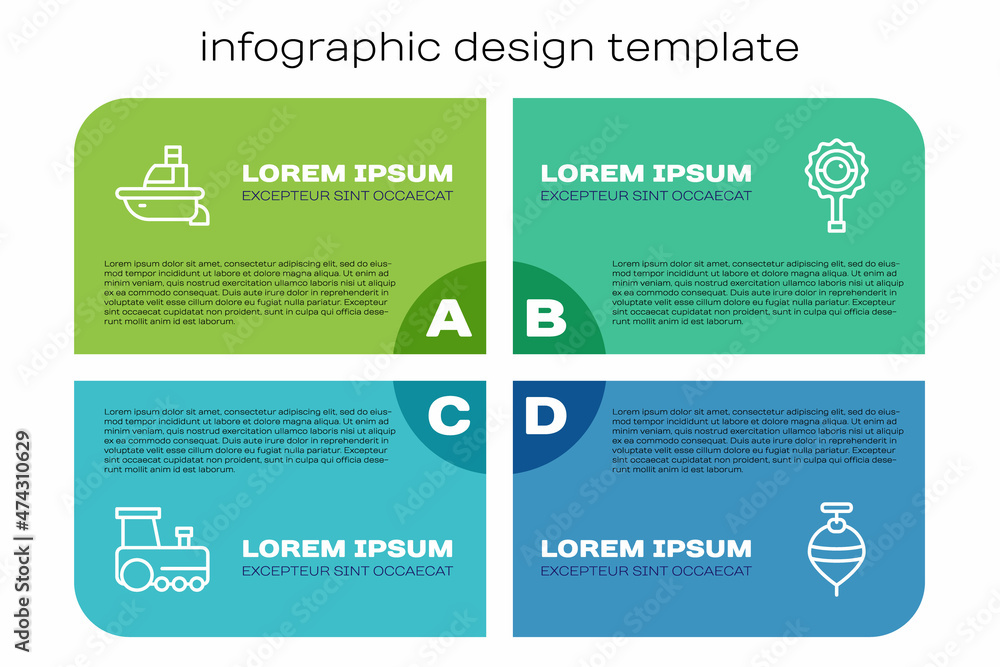 玩具火车、船、漩涡玩具和响叮当婴儿。商业信息图模板。矢量