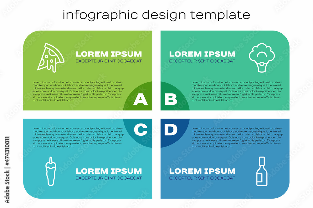 设定线辣椒、披萨片、塔巴斯科酱和西兰花。商业信息图模板