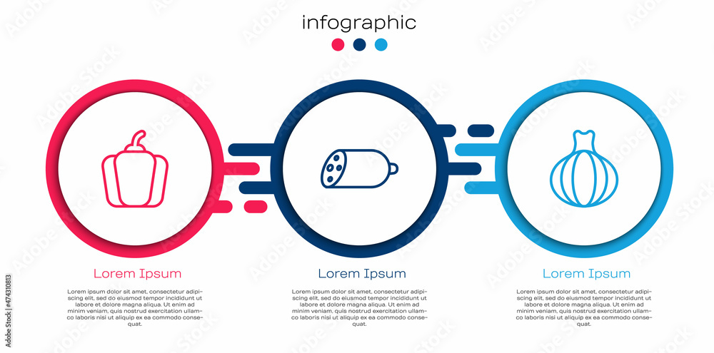 设置线Bell pepper，Salami香肠和洋葱。商业信息图模板。Vector