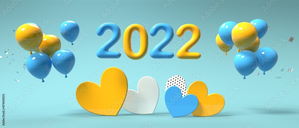 2022年庆祝主题，带气球的心-3D渲染