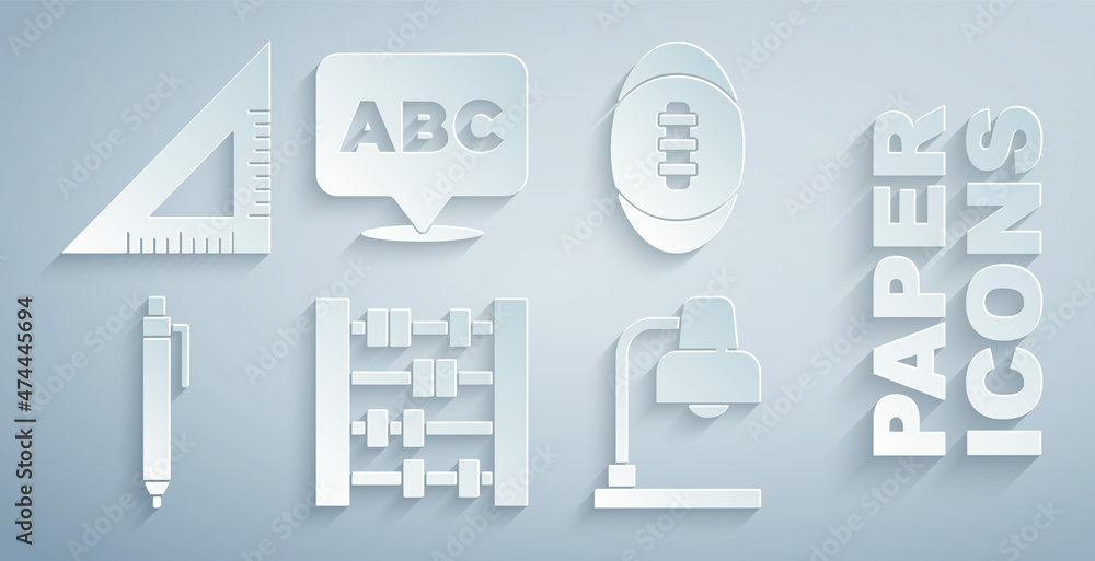 设置算盘、美式足球、钢笔、台灯、字母表和三角尺图标。矢量