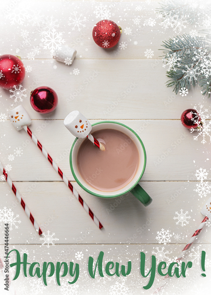 Beautiful greeting card for New Year celebration with cup of hot chocolate