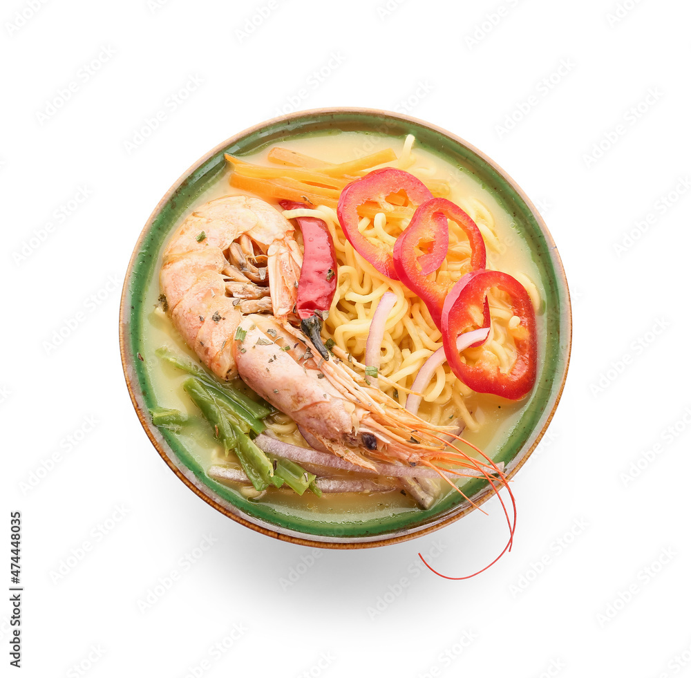 Bowl of tasty Thai soup on white background