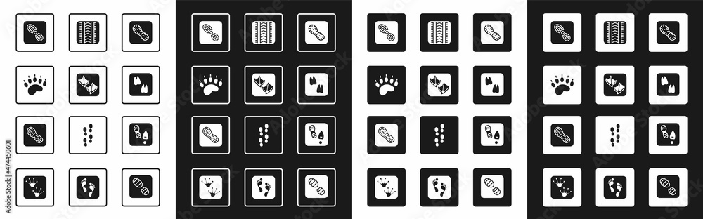 设置人类足迹鞋、海鸥爪、熊、骆驼、轮胎轨迹和图标。矢量
