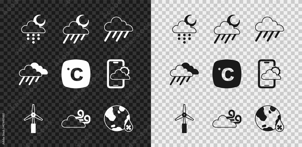 用雨和月亮、风力涡轮机、大风天气、水滴百分比和摄氏度图标设置云。