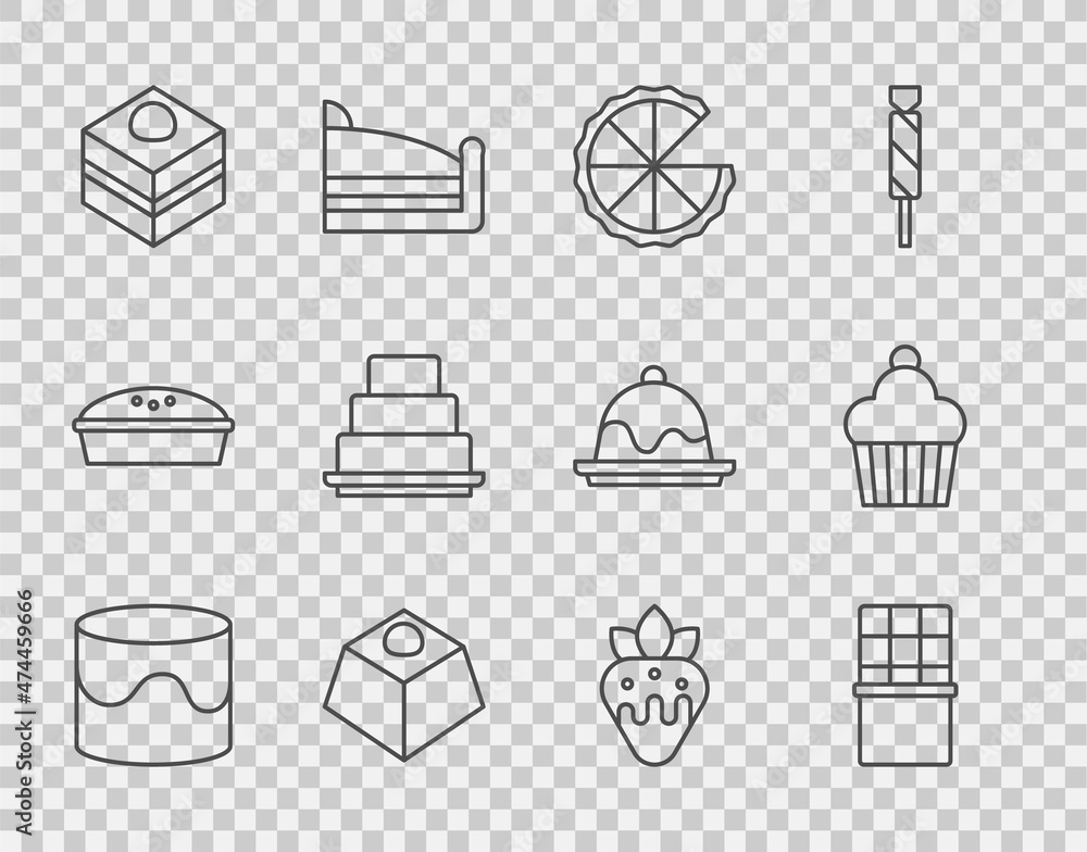 Set line Cake, Chocolate bar, Homemade pie, Brownie chocolate cake, Strawberry in and icon. Vector