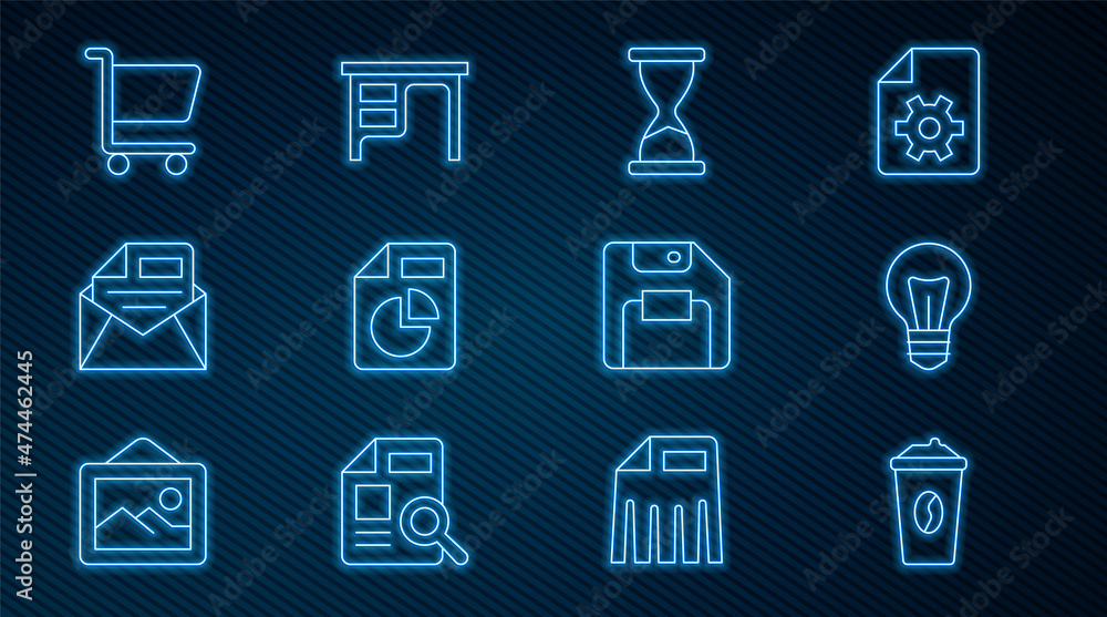 Set line Coffee cup to go, Light bulb, Old hourglass, Document with graph chart, Mail and e-mail, Sh