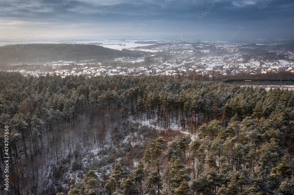 波兰冬季雪域森林的空中景观。