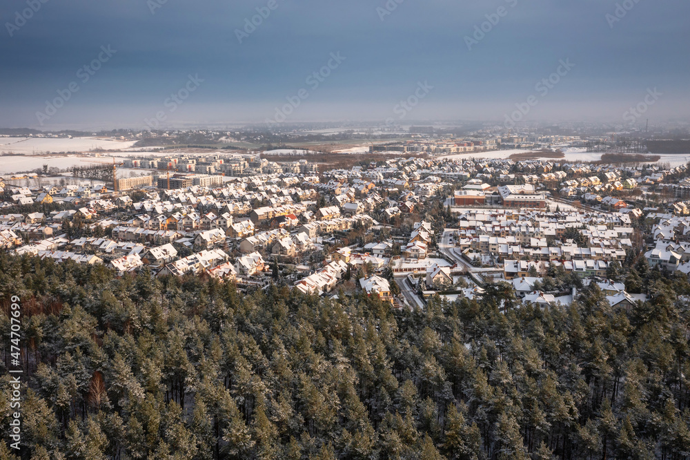 波兰冬季雪地森林的空中景观。