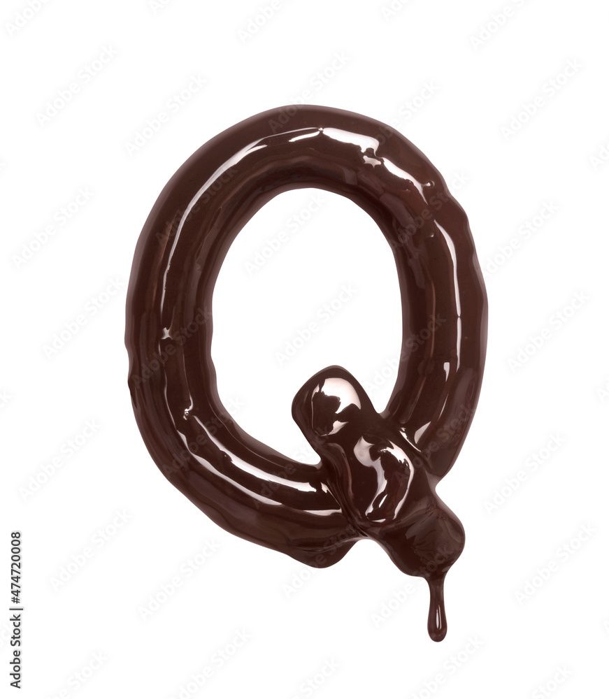 Latin letter Q with drop is made of melted chocolate, isolated on white background