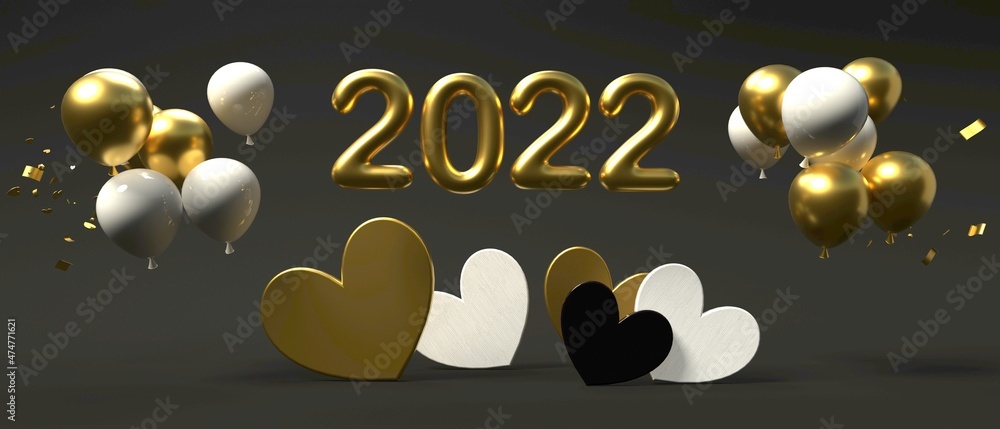 Year 2022 celebration theme with hearts with balloons - 3D render