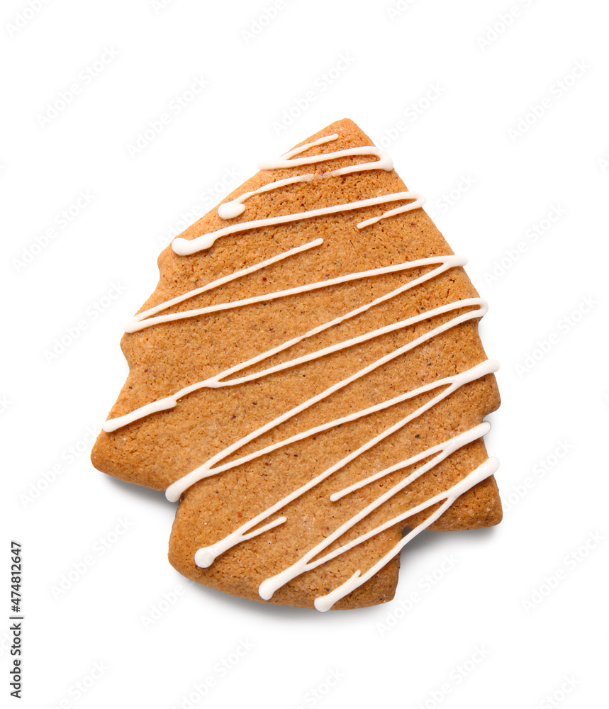 Tasty gingerbread cookie in shape of Christmas tree isolated on white background