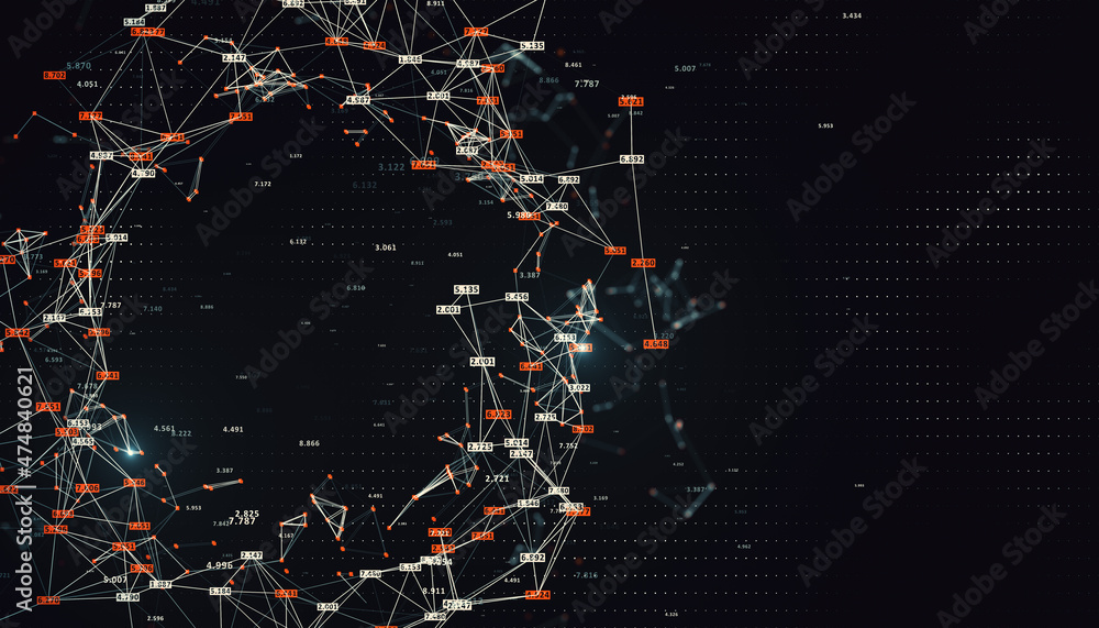 富有创意的发光大数据连接在黑色背景上环绕，有宽阔的实体模型。科学，d