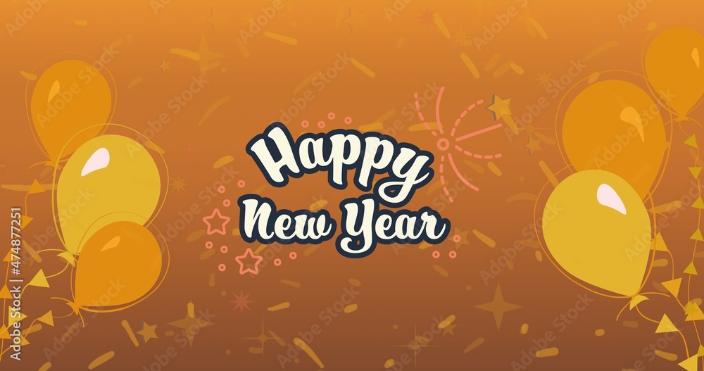 Digital composite image of happy new year text in white amidst confetti and balloons