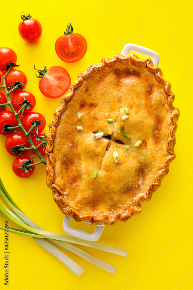 Tasty beef pot pie on color background