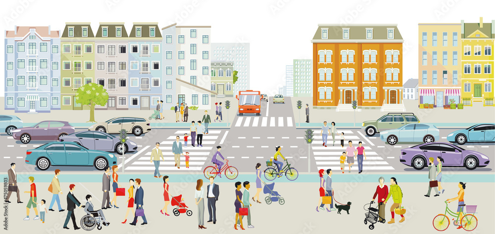 Leben in der Stadt im Wohnviertel mit Straßenverkehr, Fußgänger und Familien in der Freizeit, Illust