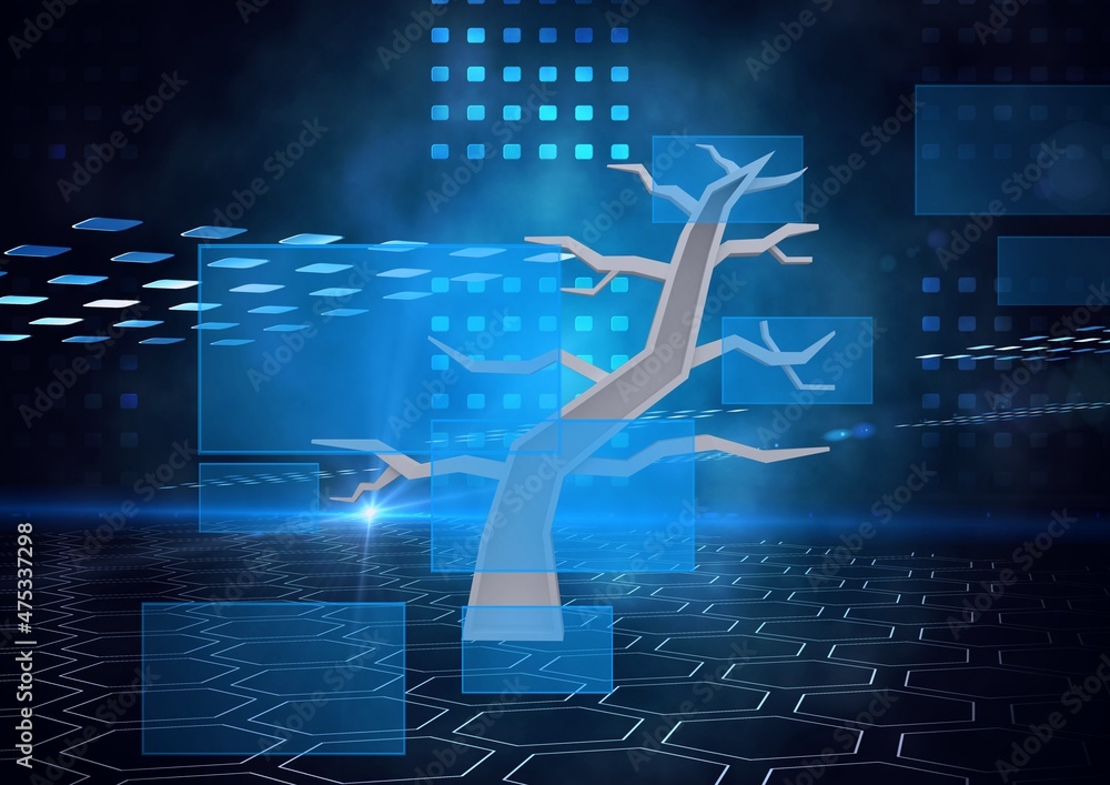 Tree icon and multiple square shapes against spot of light on blue background