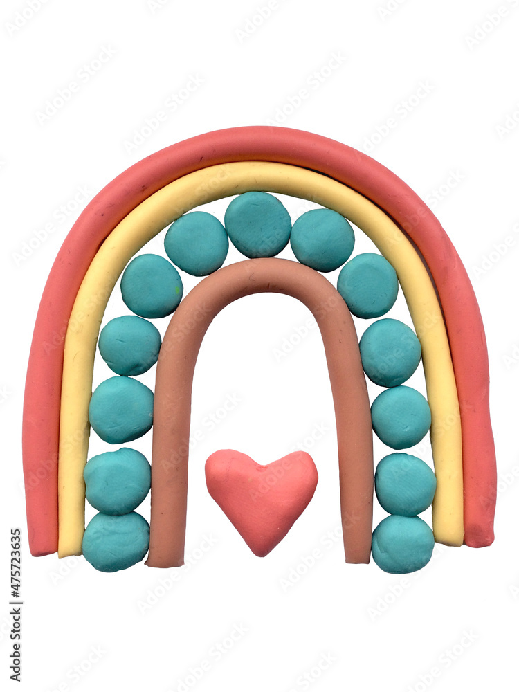 plasticine 3d illustration. boho rainbow. cute picture with a rainbow and a plasticine heart, pastel