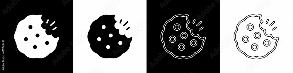 Set Cookie or biscuit with chocolate icon isolated on black and white background. Vector