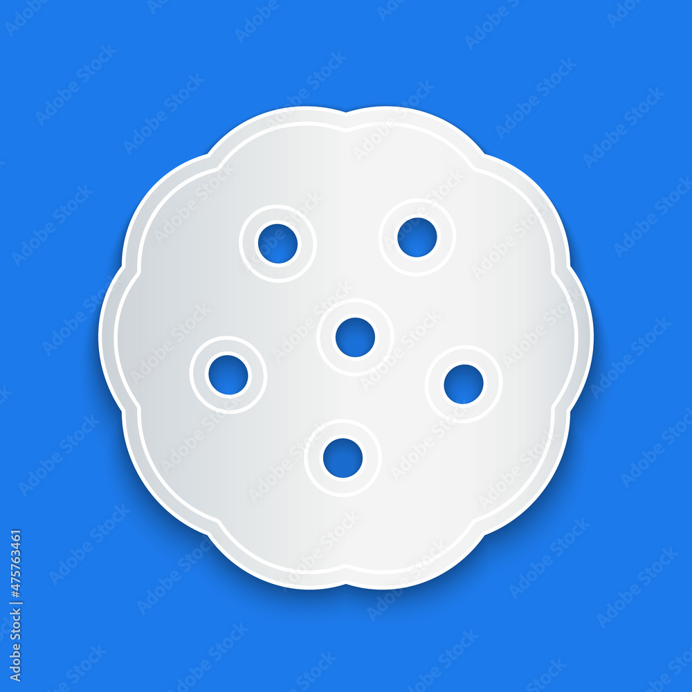 Paper cut Cookie or biscuit with chocolate icon isolated on blue background. Paper art style. Vector