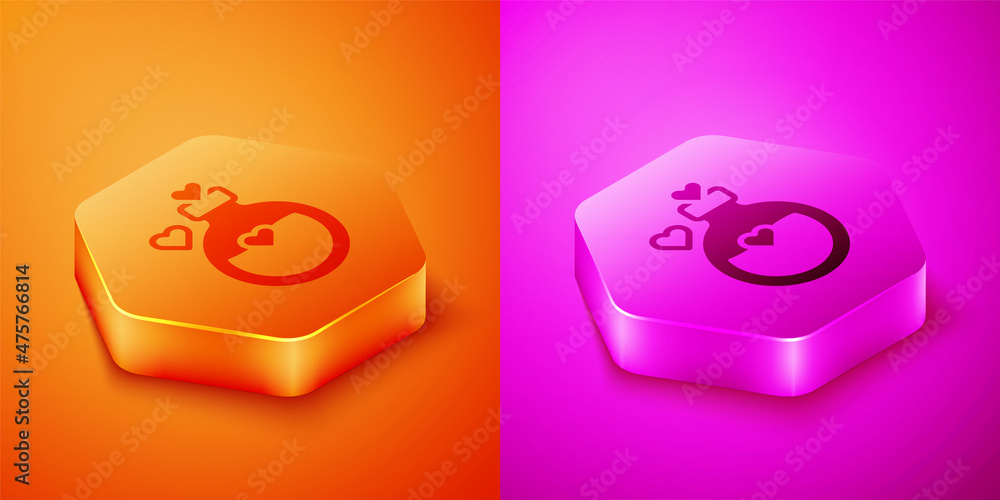 Isometric Bottle with love potion icon isolated on orange and pink background. Happy Valentines day.