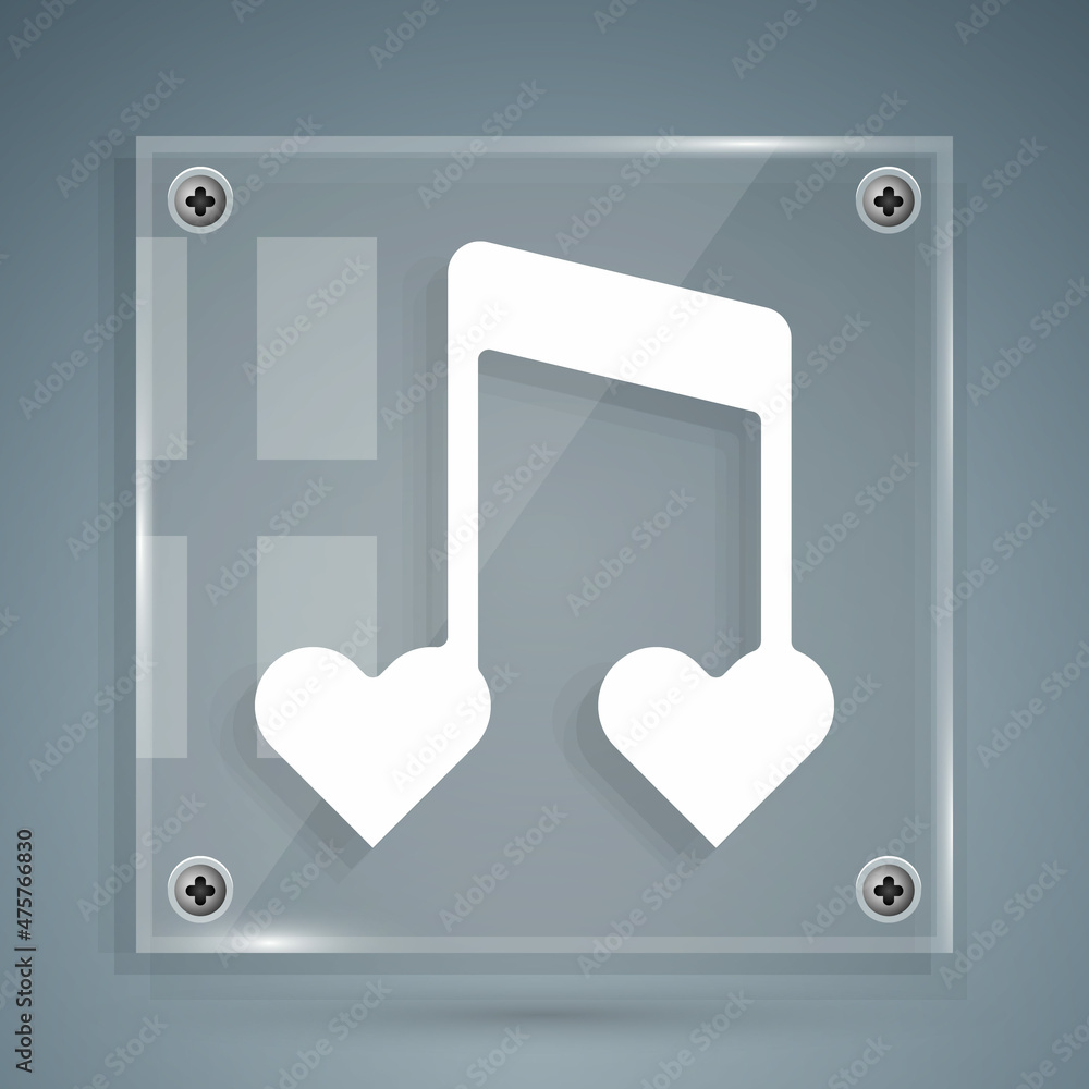 White Music note, tone with hearts icon isolated on grey background. Happy Valentines day. Square gl