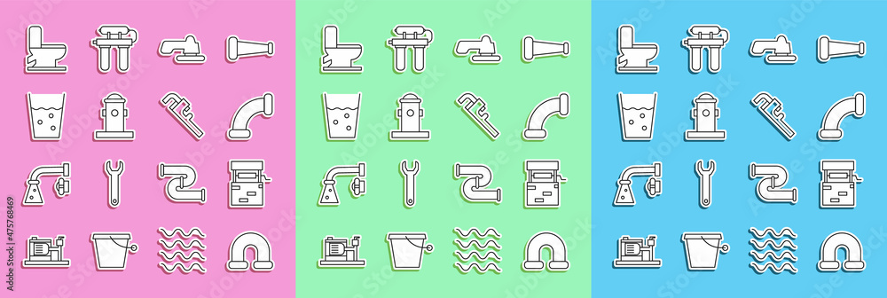 Set line Industry metallic pipe, Well, Water tap, Fire hydrant, Glass with water, Toilet bowl and Pi