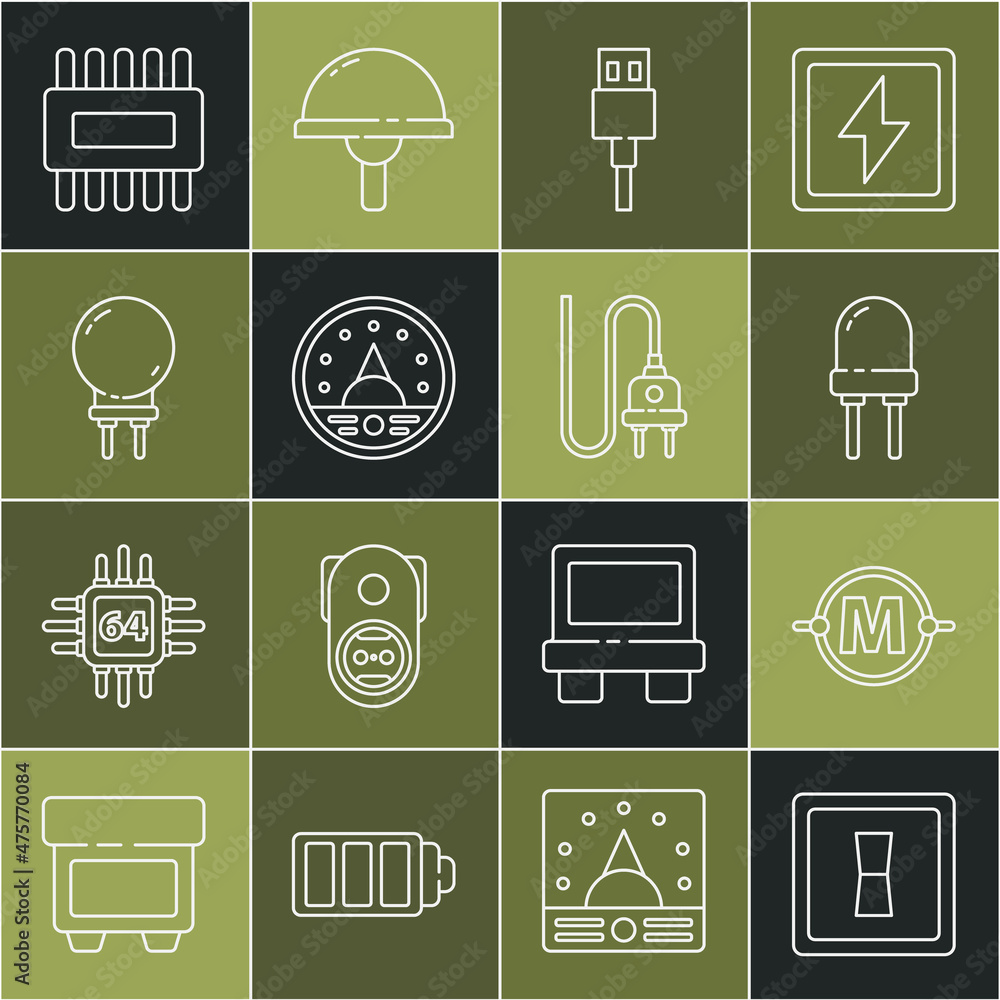 Set line Electric light switch, circuit scheme, Light emitting diode, USB cable cord, Ampere meter, 