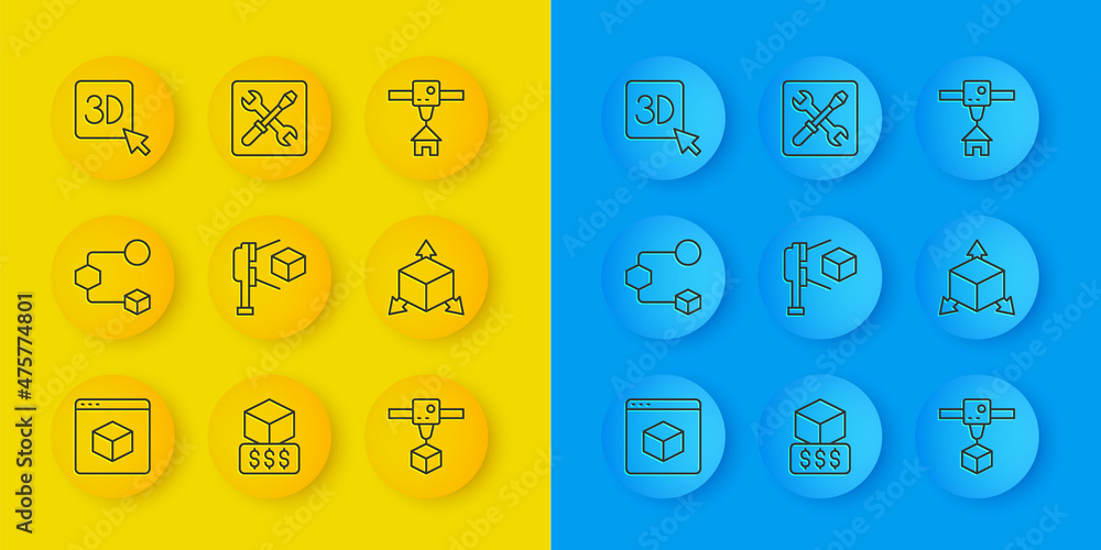 设置行3D打印机、等角立方体、带、房屋和设置图标的扫描仪。矢量