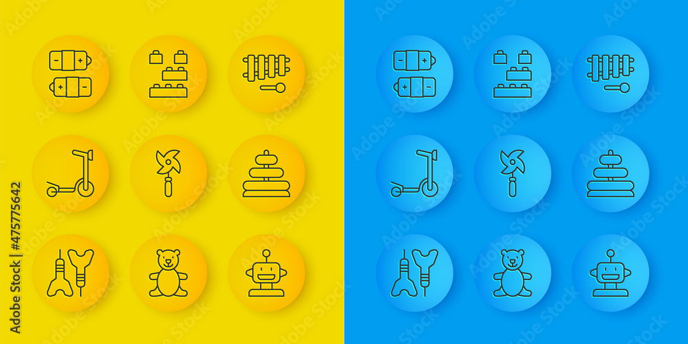 设定线飞镖箭头、滚轮滑板车、风车玩具、机器人、金字塔、电池、木琴和玩具积木