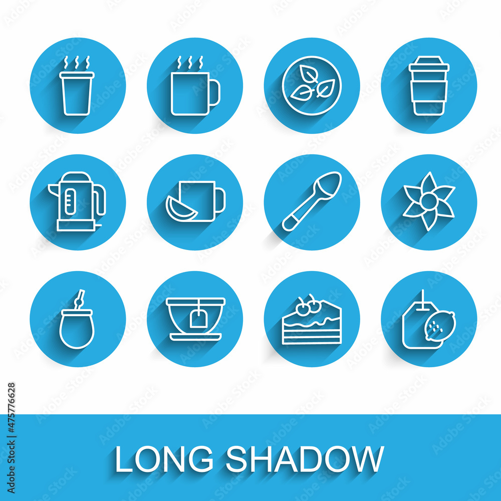 Set line Mate tea, Cup with bag, of, Piece cake, Tea lemon, Flower and Teaspoon icon. Vector