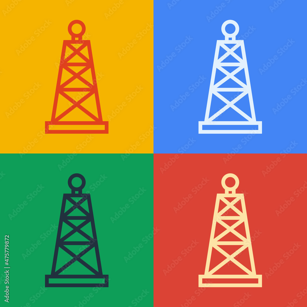 Pop art line石油钻机图标隔离在彩色背景上。天然气塔。工业对象。矢量