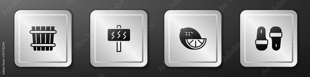 设置桑拿桶、柠檬和拖鞋图标。银色方形按钮。矢量