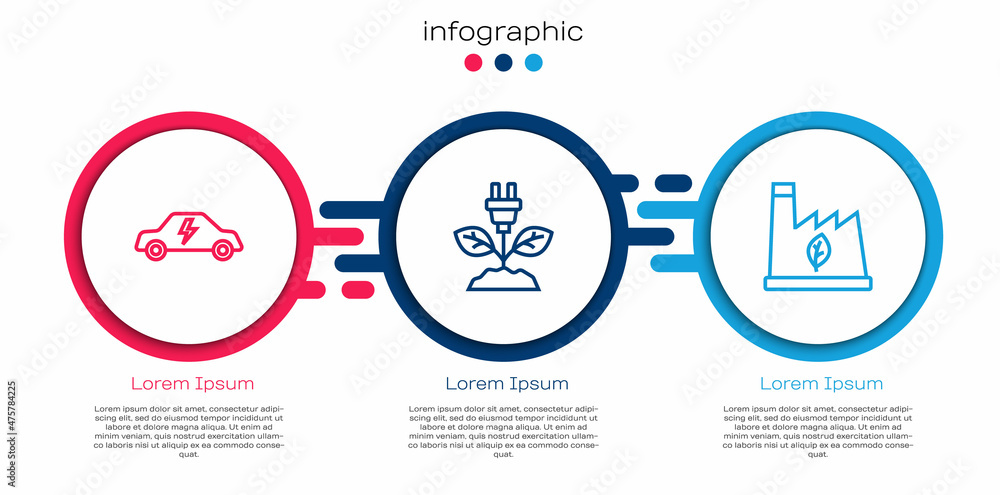 Set line Electric car, saving plug in leaf and Plant recycling garbage. Business infographic templat