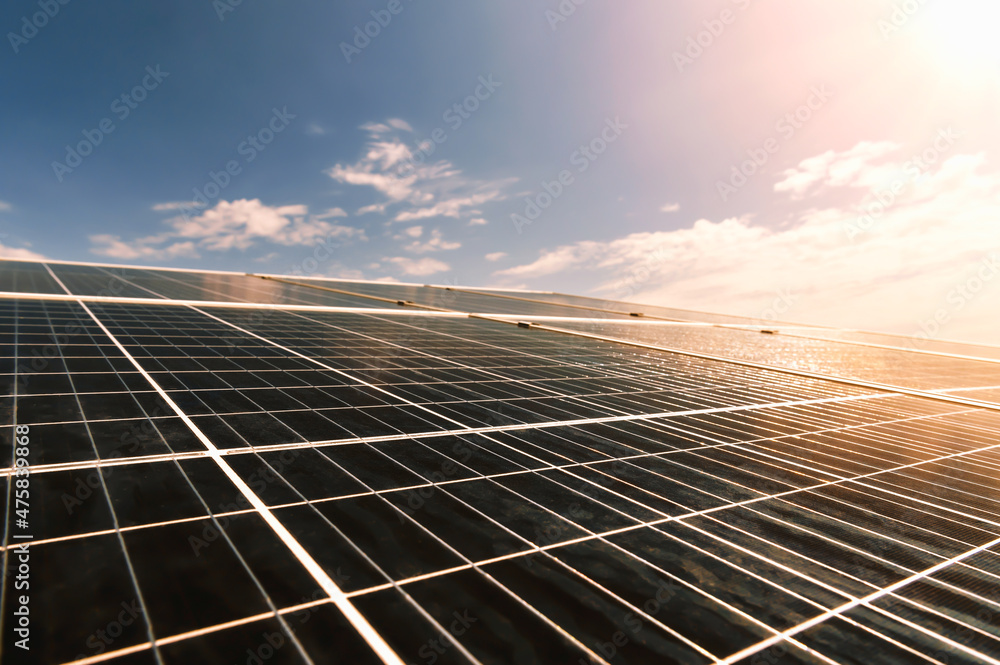 Solar panel with blue sky and sunset. concept clean energy