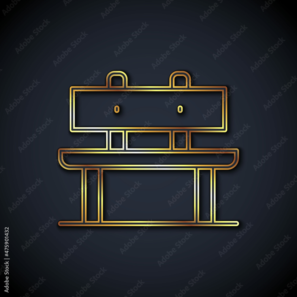 黑色背景上隔离的金线长椅图标。矢量