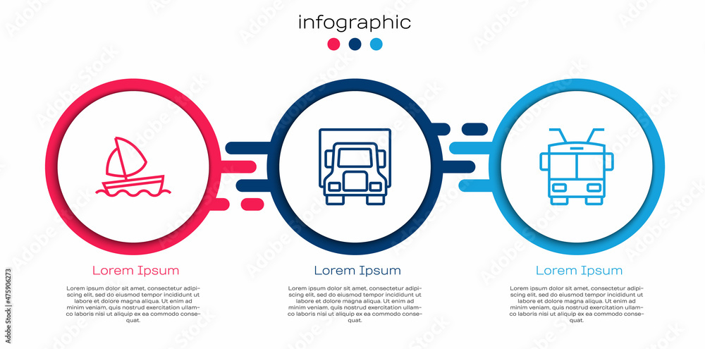 集合线游艇帆船、送货卡车和无轨电车。商业信息图模板。Vector