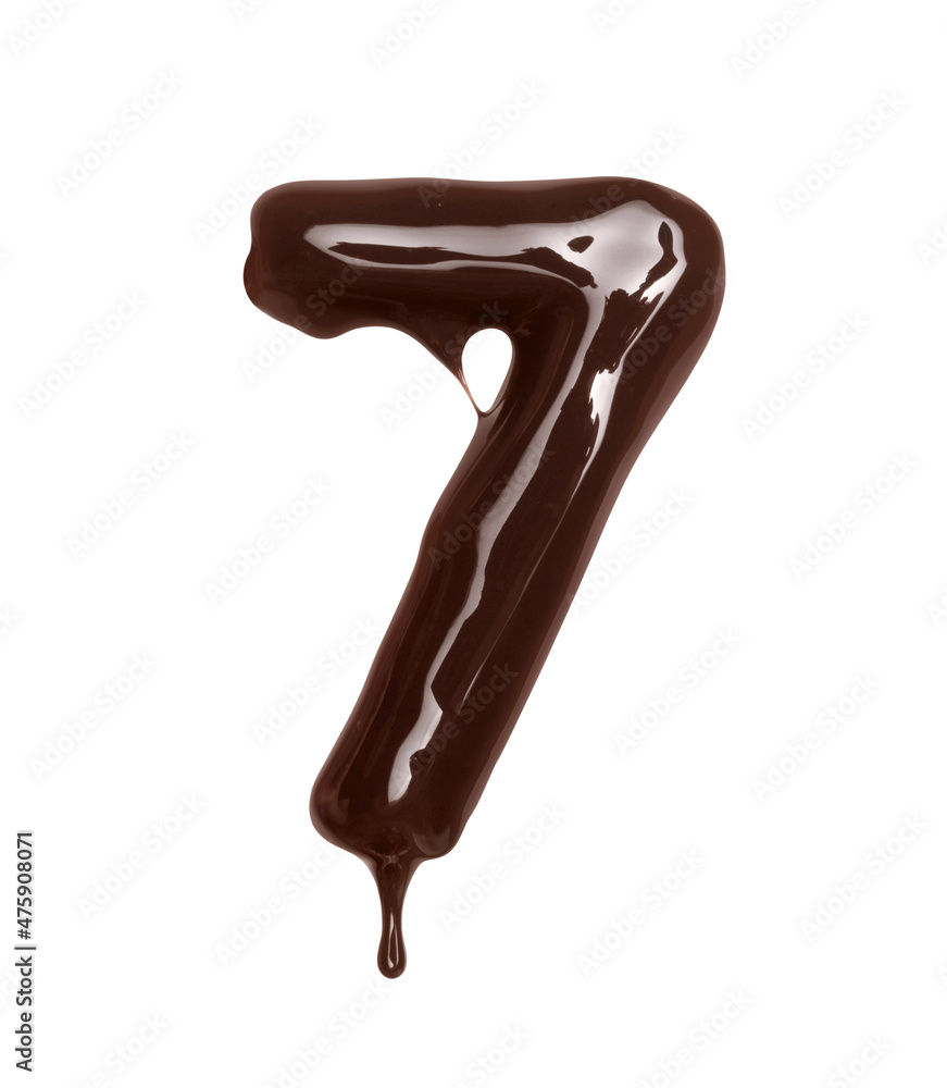 Number 7 with dripping drop is made of melted chocolate, isolated on white background