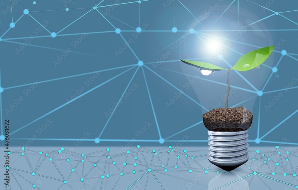 Plant growing on lightbulb with digital convergence and network technology background.