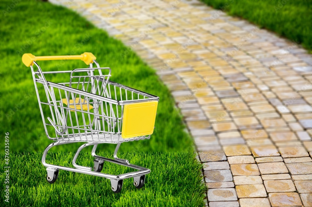 Sustainable consumption. Small shopping cart on green grass background. Zero waste concept.