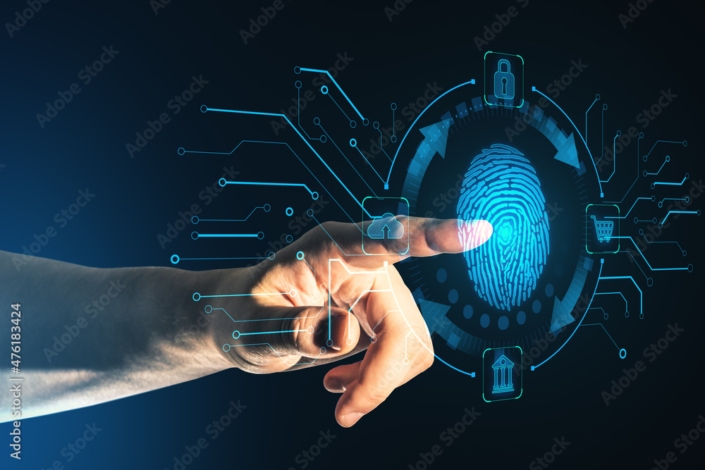 Close up of businessman hand pointing at creative blue fingerprint scanning interface on dark backgr