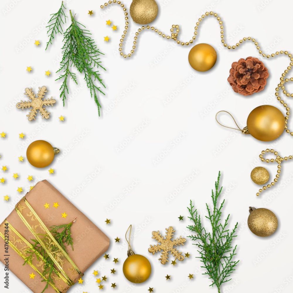 Christmas mood border of gifts, green fir, gold decorations .