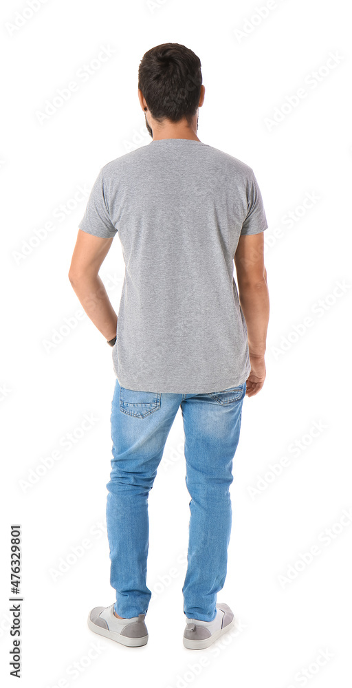 Handsome man in grey t-shirt on white background