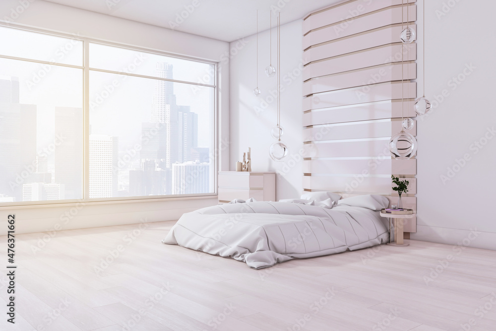 Modern bedroom interior with bright daylight, window with city view, furniture and decorative object