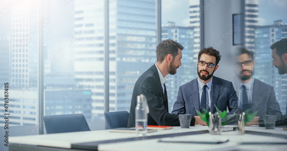 Businesspeople in Modern Office: Business Meeting of Two Businessmen Talking. CEO and Executive Dire