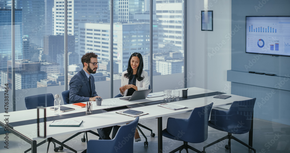 Businesspeople in Modern Office: Businesswoman and Businessman Use Laptop Computer, Talk. Top Manage