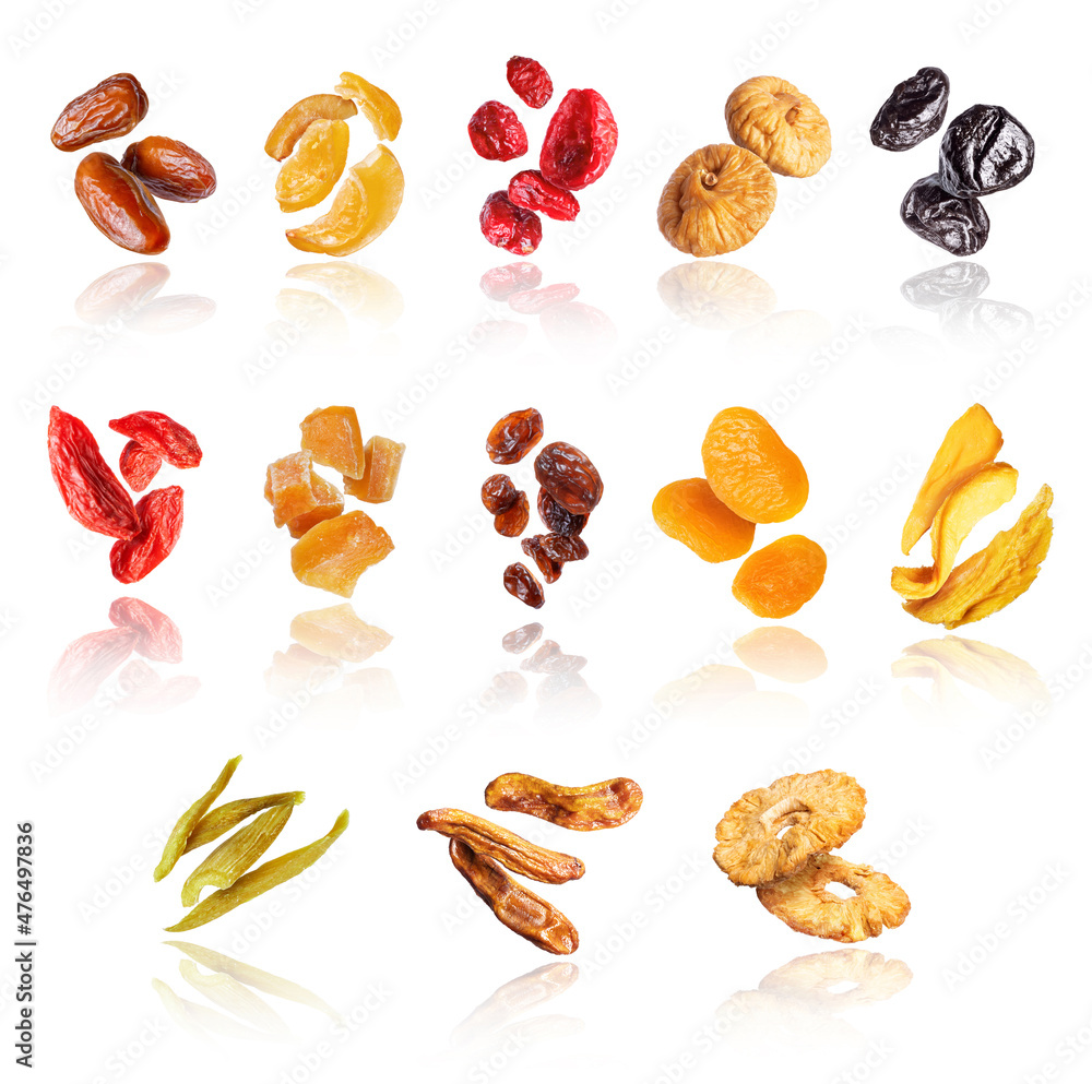 Set of various dried fruits and berries, isolated on white background