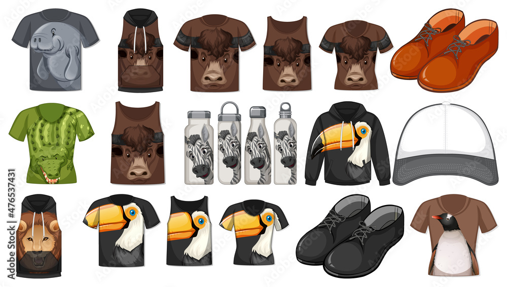 Set of different shirts and accessories with animal patterns