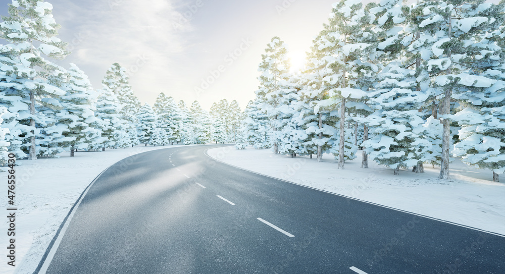 冬季沥青公路与积雪森林